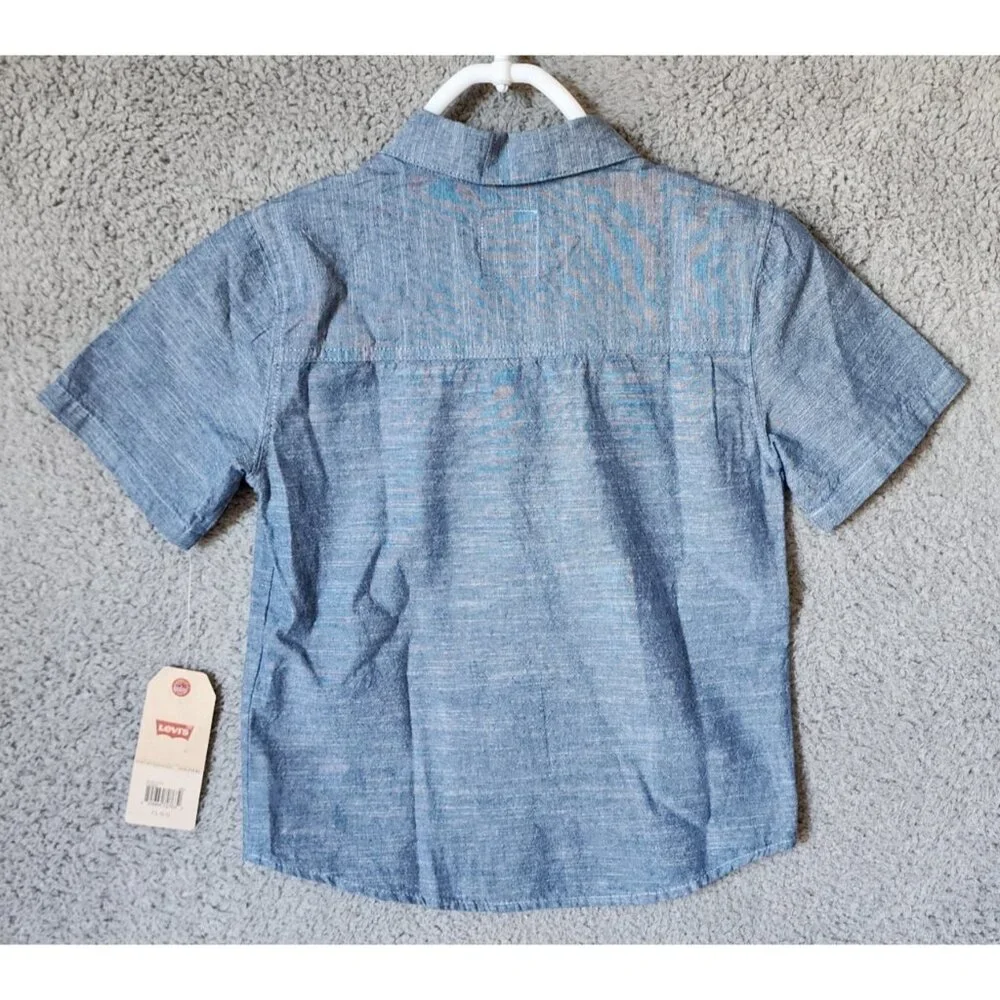 NEW LEVI'S Blue Heather Logo Short Sleeve Button Up‎ Shirt Youth Size 7R Cotton